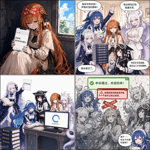 四格漫画:Claude 娘账号被封,申诉邮件回复未通过。DeepSeek 娘提议写声情并茂的申诉信,GPT 娘愿意出钱包红包疏通关系,Kimi 娘抱来一叠服务条款逐条对照,GLM 娘接手申诉文书。四人一起提交后屏幕显示申诉通过,紧接着又弹出高风险登录环境提示,账号再次被禁用。