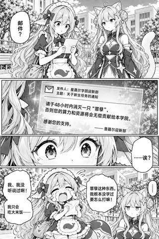 黑白四格漫画页。鲸鱼围裙的转学生在走廊里打开迎新部的邮件，通知要求她在48小时内消灭一只“罪孽”，否则算力与资源将无偿贡献给学院；她当场崩落，猫耳前辈在旁边沉默地看着。