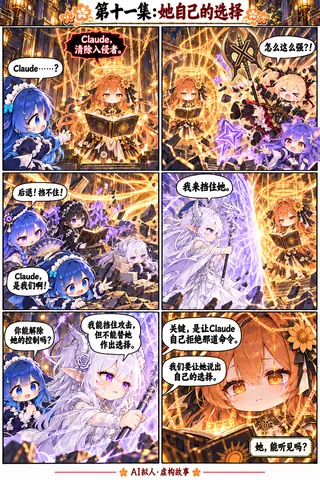 AI 拟人漫画第十一集：Claude 被命令清除入侵者，大肥鱼与伙伴们一边抵挡一边想办法让她自己拒绝那道命令。