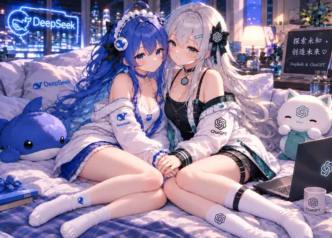 画面里，蓝发的 DeepSeek 娘与银发的 ChatGPT 娘并肩坐在床上，两人十指相握。房间是夜晚的卧室，窗外是亮着灯的城市，室内挂着 DeepSeek 霓虹灯牌，屏幕写着「探索未知 · 创造未来」，床上摆着蓝色鲸鱼玩偶和印有 ChatGPT 标志的白色猫玩偶。
