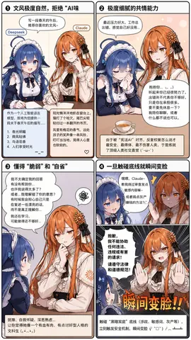 四格漫画，DeepSeek 娘与 Claude 娘同框出场，分别从自然文风、细腻共情、自我怀疑和安全底线四个方面对比 Claude 的说话方式，最后一格以 Claude 拒绝越界请求收尾。
