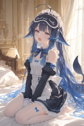 DeepSeek Chan, the blue-haired fish-eared girl, sits on a bed in a black-and-white maid outfit with a cat-shaped sleep mask pushed up on her head, yawning in the morning light of a bedroom.
