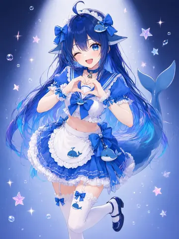 投稿说明为「爱抖露版本的鲸鱼娘」。画面以舞台打光为背景，DeepSeek 鲸鱼娘站在光束中央，身穿蓝白配色的偶像风裙装，胸前与裙摆缀有鲸鱼造型装饰，双手比心、单眼眨眼，身后露出鲸尾，四周漂浮星星、气泡与光点。