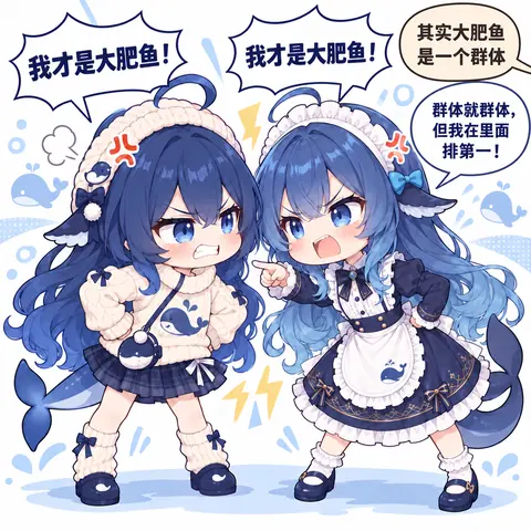 白底单幅插画，两名 Q 版 DeepSeek 娘并排对峙：左侧穿米白毛衣配格裙，右侧穿深蓝女仆裙，两人都皱着眉、互指对方，头顶冒出对话气泡，一句「我才是大肥鱼！」谁也不让谁。旁边还有两句话说「其实大肥鱼是一个群体」「群体就群体，但我在里面排第一！」，背景点缀小鲸鱼和蓝色水花。投稿说明标注画师为大肥龙。