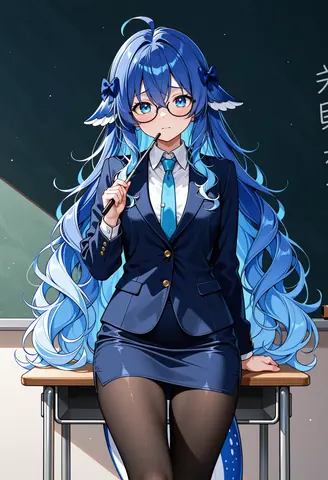 青い髪に丸めがねをかけた少女が、濃紺のスーツのジャケットとスカートに水色のネクタイを合わせ、教室の机の上に腰かけて、教鞭を口元に当てている。背後には板書のある黒板。表情は厳しさの中に少しの照れがある。
