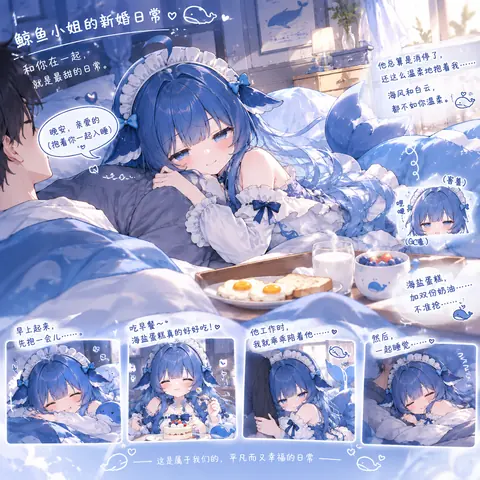 蓝发鲸鱼耳少女与“你”的新婚居家日常，包含早安抱抱、吃海盐蛋糕、陪伴工作与一起入睡的四格小分镜。