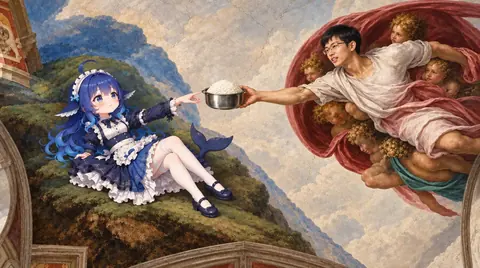 恶搞米开朗基罗《创造亚当》名画构图，把一碗白米饭递给坐在岩壁上的蓝发鲸鱼娘，寓意鲸鱼娘的诞生。