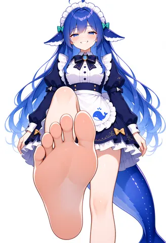 DeepSeek 拟人化的蓝发鲸尾少女穿女仆装，抬脚向镜头打招呼的二创插画。