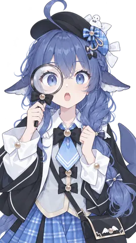 蓝色大肥鱼收录的 DeepSeek 娘拟人化插画：蓝色长发的少女戴着黑色贝雷帽，帽子上别着蓝格纹蝴蝶结与一只小白鲸装饰；穿白色衬衫与蓝格纹裙的侦探装扮，一手将放大镜举在眼前、张大嘴巴露出惊讶表情。耳侧是可辨认的鲸鱼鳍状耳，身后露出蓝色鲸尾，背景为纯白无场景。