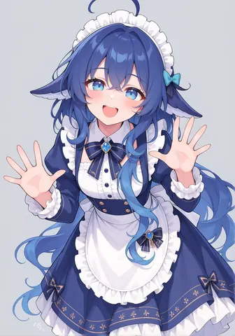长着鲸鱼鳍耳、蓝色长发的少女身穿深蓝色女仆装与白色围裙，双手举起面带笑容，背景是浅灰纯色。