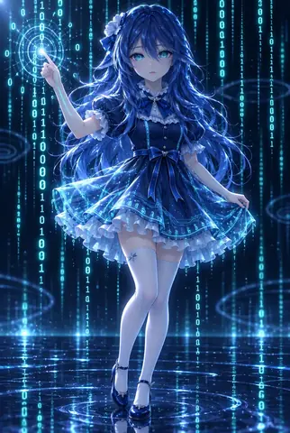 蓝发少女身着深蓝色蕾丝裙立于二进制数据流之中，指尖点亮一枚蓝色光环，将 DeepSeek 的鲸鱼形象拟人化为数据世界的领航员。