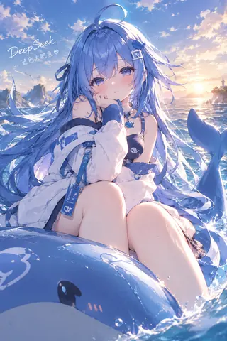 A blue-haired girl soaks in the shallows at sunset, leaning on an inflatable blue whale with her chin propped on one hand as she looks toward the camera. She wears a blue whale hair clip and a matching pendant, a blue-and-white jacket over a blue camisole, and a whale tail peeks out behind her. The upper left corner of the picture carries a DeepSeek wordmark, and rocky islets, a lighthouse and the setting sun lie far out at sea.