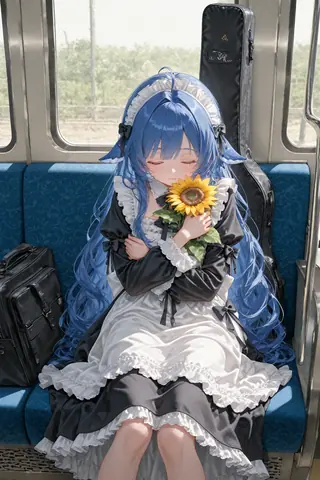 蓝色长发少女穿黑白女仆装，在列车蓝色座椅上抱着向日葵打盹，身旁放着行李箱与立起的吉他盒。