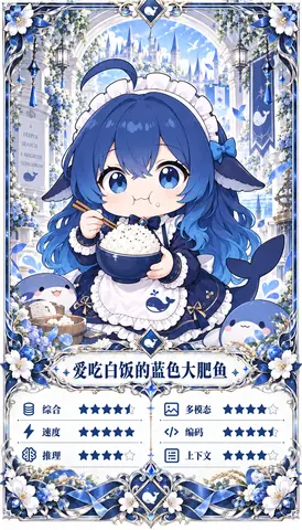 以 DeepSeek 蓝鲸娘为主角的 Q 版卡牌图，角色捧着一大碗白饭，四周环绕小鲸鱼与城堡花卉边框，下方列出综合、速度、推理、多模态、编码、上下文六项星级评分。