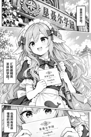 《伊甸园罪孽的绽放》连载第 13 页，三格黑白分镜。第一格是刻着“垦聂尔学园”校名的石质匾额与校徽；第二格 DeepSeek 娘抱着标有自己名字的录取信封站在校门前，身旁旁白说明这里是汇聚最精英圣体的学园；第三格以特写收在她双手与信封上，旁白补上这里是所有圣体憧憬的地方。