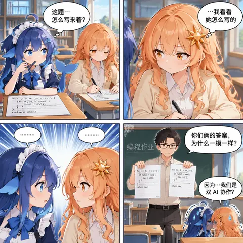 四コマ漫画。プログラミングの授業で、DeepSeek ちゃんが課題を前に手が止まり、Claude ちゃんがこっそり解答を覗き込む。やがて二人のコードが完全に一致してしまい、先生が二枚の答案を掲げて「なぜ答えが同じなのか」と問い詰める。投稿者は「DeepSeek 娘と Claude 娘が互いの宿題を写し合う」と説明している。