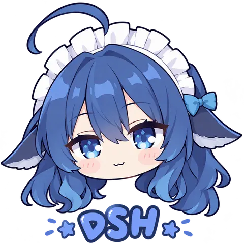 背景透過の単幅ちびキャラアイコン。DeepSeekちゃんの頭部を大きく描いた構図で、青いロングヘア、白いメイドカチューシャと青いリボン、濃紺のふわふわした耳、笑みと頬の赤みがある。下部には「DSH」の文字と星、丸い点の飾りが入っている。