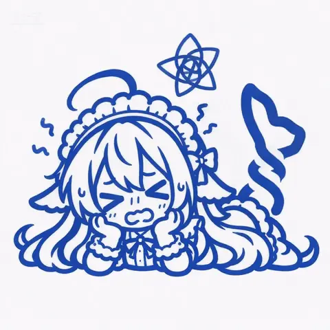 蓝色单色线稿的 Q 版 DeepSeek娘仍趴伏在地，蕾丝软帽罩在头上，鲸鱼尾巴甩出一道弧线，头顶浮着一个原子形符号，她皱着眉、双手贴在脸侧，一副晕头转向的样子。