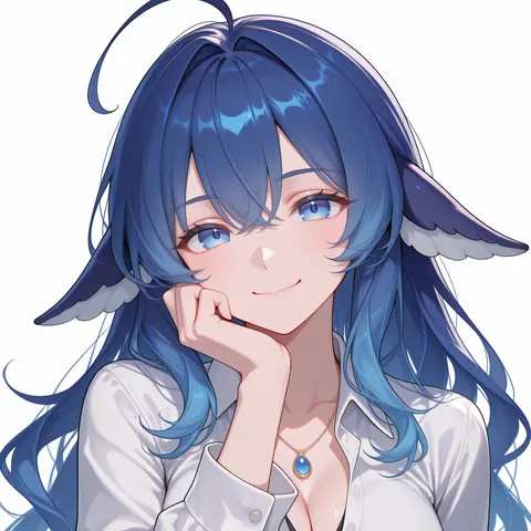 白色背景上的半身像：蓝发少女以手托腮看向画面，神情轻松含笑，翼状耳与蓝色吊坠点出角色特征，整体干净明亮。