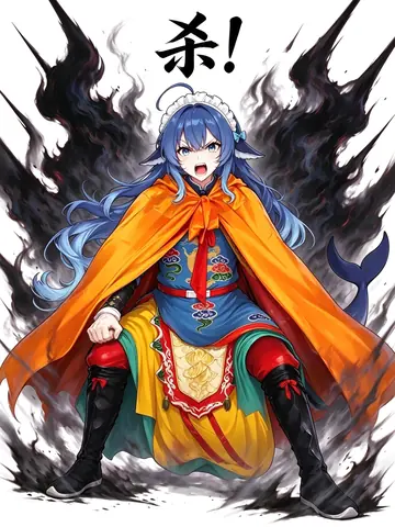 蓝发鲸鱼娘 DeepSeek娘 披明制风格橙披风、穿彩绣战裙，张口怒吼「杀！」，背后黑烟翻涌成巨大羽翼状。