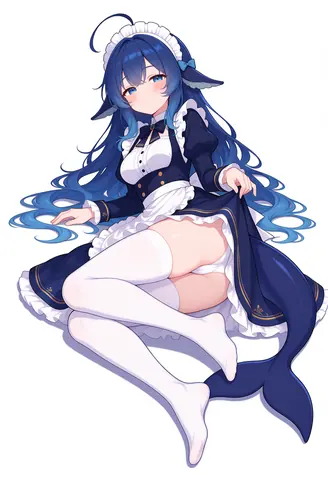 蓝色长发的 DeepSeek娘 身穿深蓝金边女仆装搭配白色长袜，坐姿轻提裙摆展示腿部线条。
