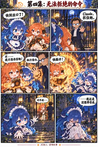 AI拟人四格漫画：深夜庄园里，蓝发拟人少女试图带橙发少女Claude逃离，却被戴眼镜的开发者下令拦截，最终只能哭着看她被带走。