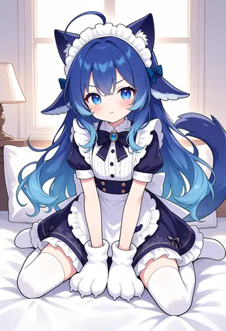 青髪に猫耳のDeepSeekちゃんが紺と白のメイド服姿でベッドの上にちょこんと座り、両手に肉球型の手袋をつけて頬をふくらませている。背後には窓明かりとランプ。