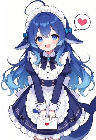 青い髪のDeepSeekちゃんが紺色のメイド服姿で、赤いハートの封をした白い封筒を両手で差し出している。頬を赤らめて口を開けて笑い、頭の横にはピンクのハートが入った吹き出しが浮かんでいる。