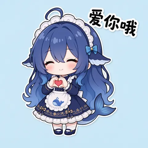 浅蓝底色贴纸风单图，Q 版 DeepSeek 娘穿深蓝女仆围裙，闭眼微笑、脸颊泛红，双手在胸前比出一个红色爱心，右上角配“爱你哦”的黑字。