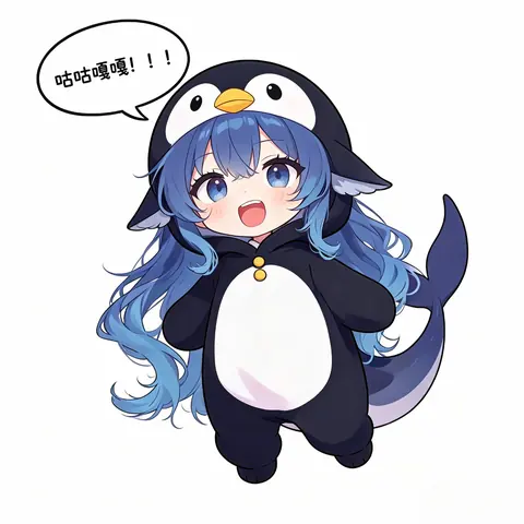 蓝发 Q 版 DeepSeek 拟人角色裹着企鹅/蓝鲸玩偶服，张嘴大喊「咕咕嘎嘎！！！」的萌系表情包。