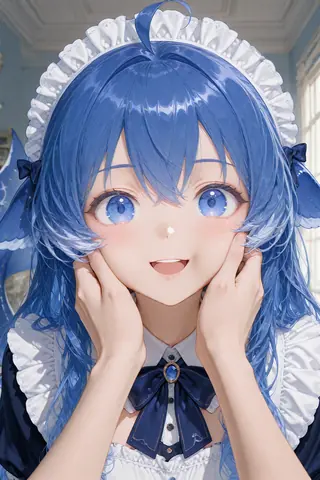 蓝色长发、头顶与耳侧带鱼鳍的少女身着白蓝女仆装，双手托颊露出灿烂笑容，是 DeepSeek 蓝鲸吉祥物的拟人化二创。