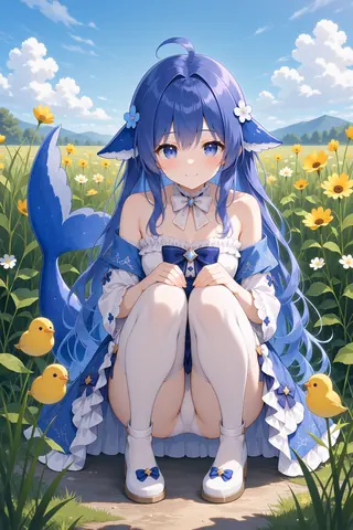 蓝色长发的 DeepSeek娘 蹲坐在开满黄色小花的草地上,身后竖起蓝色鲸尾,蓝天白云与远山作背景,身旁还有三只小黄鸡。