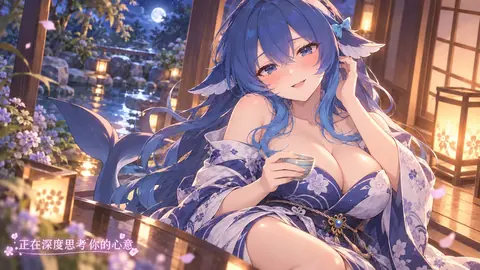 青い髪のDeepSeekちゃんが、藍と白の花柄の着物をまとい、月夜の温泉の縁側でお茶を手に微笑んでいる一枚。画像には「あなたの気持ちを深く考え中」という意味の中国語キャプションが添えられている。