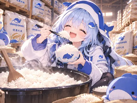 蓝发鲸鱼少女坐在堆满 deepseek 大米袋的粮仓里，捧着一大碗白米饭开心扒饭。