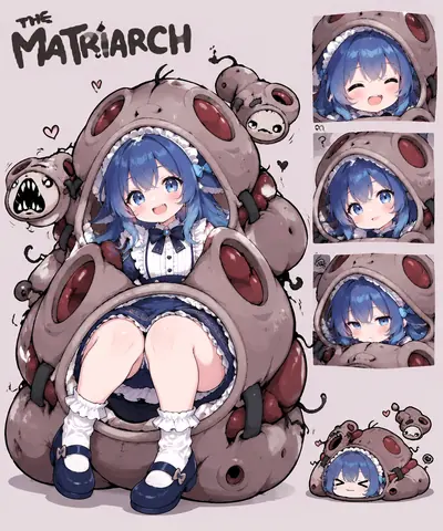 蓝发少女套着名为 THE MATRIARCH 的蘑菇怪外壳，并配有开心、疑惑、无语等多组表情差分。