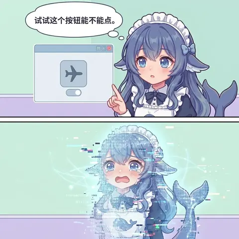 双格漫画：穿女仆装的蓝发鲸鱼娘盯着飞机模式开关，心想「试试这个按钮能不能点」；下一格她已泪流满面，身体碎成二进制数据流消散。