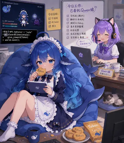 DeepSeek娘穿蓝白女仆装窝在巨大鲸鱼抱枕上,一手端着Token饼干、一手拿平板;后方紫发猫耳的Qwen娘戴耳机干活,墙上贴着已委托Qwen娘的工作清单。