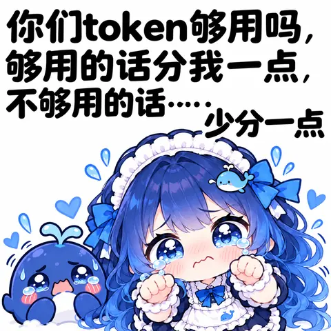蓝发女仆装的 DeepSeek 娘眼含泪水、双拳紧握,身旁一只小蓝鲸也哭成泪人。画面上方配文:你们token够用吗,够用的话分我一点,不够用的话……少分一点。