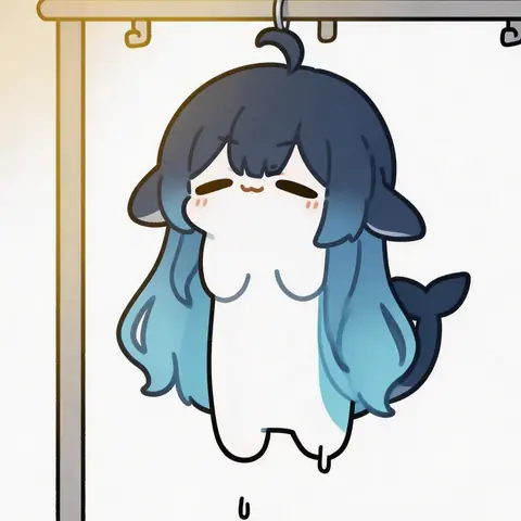 DeepSeek娘被挂上衣架的挂钩，长发与鲸尾自然垂下，闭眼抿嘴带红晕，身下还滴着一滴水珠，像刚被洗过晾起来的样子。