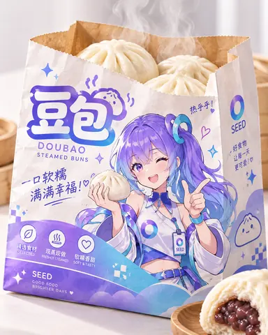 以豆包为主题的蒸包纸袋设计：袋面印着紫发少女拟人形象，她单手托着一个刚出笼的包子、一手比出剪刀手，袋上写着「豆包」「DOUBAO STEAMED BUNS」与「一口软糯 满满幸福」等字样；纸袋里装着热气腾腾的包子，右下角木盘上还摆着一只掰开的豆沙包。