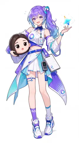 白い背景の全身立ち絵です。Doubaoちゃんは紫から青へのグラデーションの髪を高い位置でポニーテールにまとめ、SEEDのロゴが入った白いクロップドトップスに青紫のショートジャケット、グラデーションのパネルが入った白いプリーツスカートを合わせています。左右で違う靴下と厚底スニーカーを履き、片腕には黒いおかっぱ髪の大きな頭のぬいぐるみを抱え、もう片方の手の上には小さな青い渦が浮かんでいます。斜めがけのバッグにはお絵描きタブレットと携帯端末が入っています。