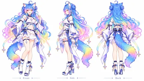 蓝紫渐变长发、猫耳星饰的拟人少女，身着白蓝星纹偶像风服装，以正面、侧面、背面三视角并列展示的设定图。