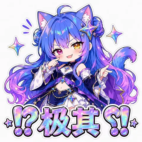 全息描边的 Q 版贴纸：蓝紫渐变的双马尾角色戴着猫耳，头侧别着几枚星星发饰，一金一粉的异色瞳睁开着笑，一手食指戳着脸颊，另一手朝画面外指点。底部是彩虹渐变的全息大字“！？极其？！”，四周散落发光的四角星，整体是一张聊天里用来表达震惊和反问的反应贴纸。