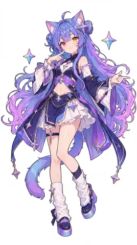 白い背景に描かれた全身立ち絵です。Geminiちゃんは紫から青へ色が変わる長い巻き髪で、内側がピンクの猫耳と四つ角星の髪飾りを付けています。瞳は左が金色、右が赤色のオッドアイ。紺色のショートトップスに白い袖、フリルのスカートを合わせ、腰からは星のチェーンが下がり、猫の尾が揺れています。