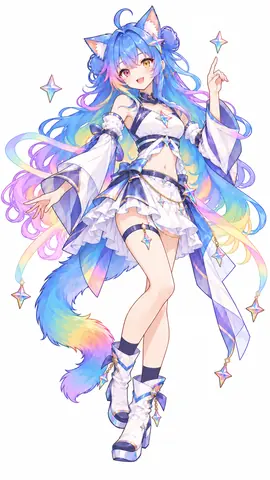 AI 角色拟人化的彩虹长发猫耳少女，身穿白蓝星辉服饰，在白底上呈全身站立姿态。