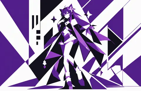 以紫、黑、白三色几何色块构成的 Gemini 娘插画，人物轮廓与背景的三角、菱形星元素相互穿插，构成主义风格强烈。