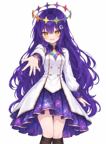 A personified Gemini Pro: a girl with long purple hair wearing a Google “G” hair clip, a ring of colorful stars above her head and a rainbow star ornament on her chest. She wears a white double-breasted long coat with a starry gradient pleated skirt and black thigh-high socks, one hand extended toward the viewer, on a plain white background.
