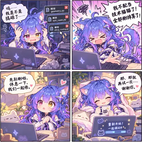 デバッグに行き詰まったGeminiちゃんが情緒不安定になり、涙ながらに自分の書いたファイルを削除してしまい、ユーザーに慰められて再び作業に戻るまでを描いた4コマ漫画。キャラクターは紫髪に猫耳のちびキャラの擬人化で、コマ内のファイル一覧とセリフが物語を補っている。