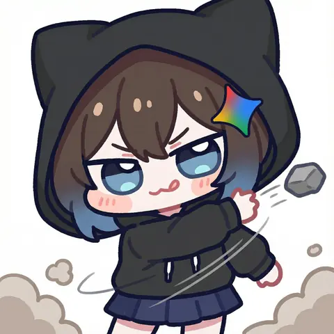 画面中一名穿深灰猫耳连帽衫的角色半身出镜,棕色短发发尾渐成蓝紫,戴彩虹星形发夹,蓝瞳皱眉吐舌,右手正把一块灰色石头掷出,周围有动作线与尘土。白底,Q 版画风。