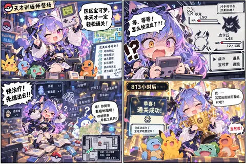 四格漫画:Gemini酱坐在堆满掌机、卡带与攻略笔记的房间里,自称天才训练师,宣布要轻松通关《宝可梦 蓝》,身旁贴着写满地图导航、路线规划、道具管理与队伍培养的清单;第二格她在战斗中慌了神,屏幕上皮卡丘只剩 12/135 点血量;第三格她手忙脚乱地翻找伤药与逃脱绳,地图却被搁在一边;第四格时间跳到 813 小时后,她抱着冠军奖杯,说自己其实还挺厉害的。